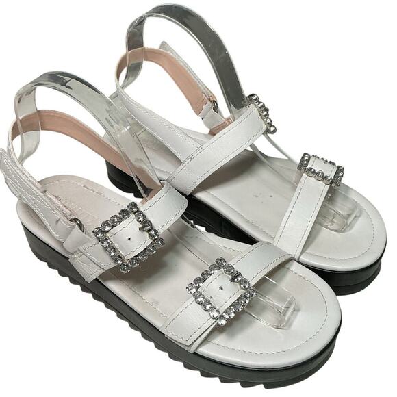 Schutz Ruth Embellished Leather Flatform Slingback Sandals White Crystal 7.5 - Picture 3 of 15